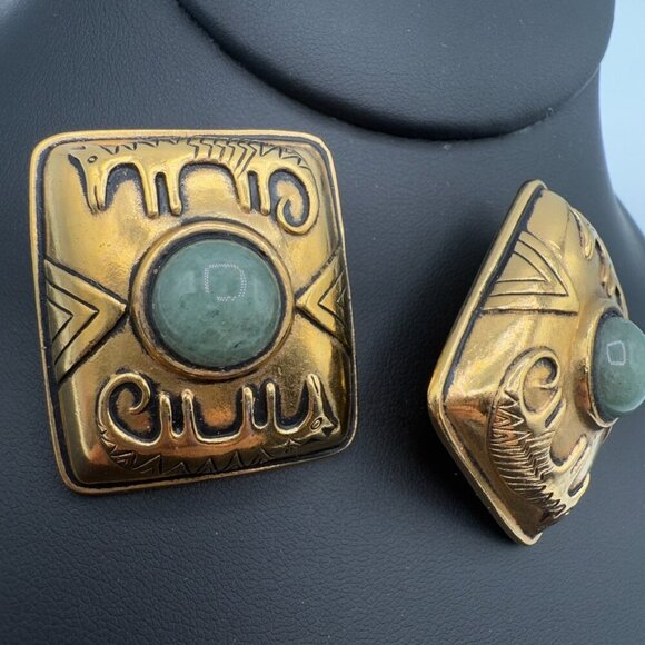 Vintage 1980s Laurel Burch Chunky Tribal Clip On Earrings - Picture 3 of 11